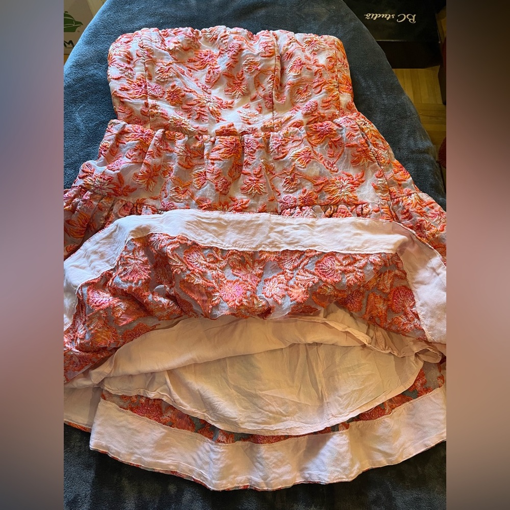 Anthropologie Strapless Mini Dress. Back bow, stretchy back. Orange, pink. L - Picture 11 of 16